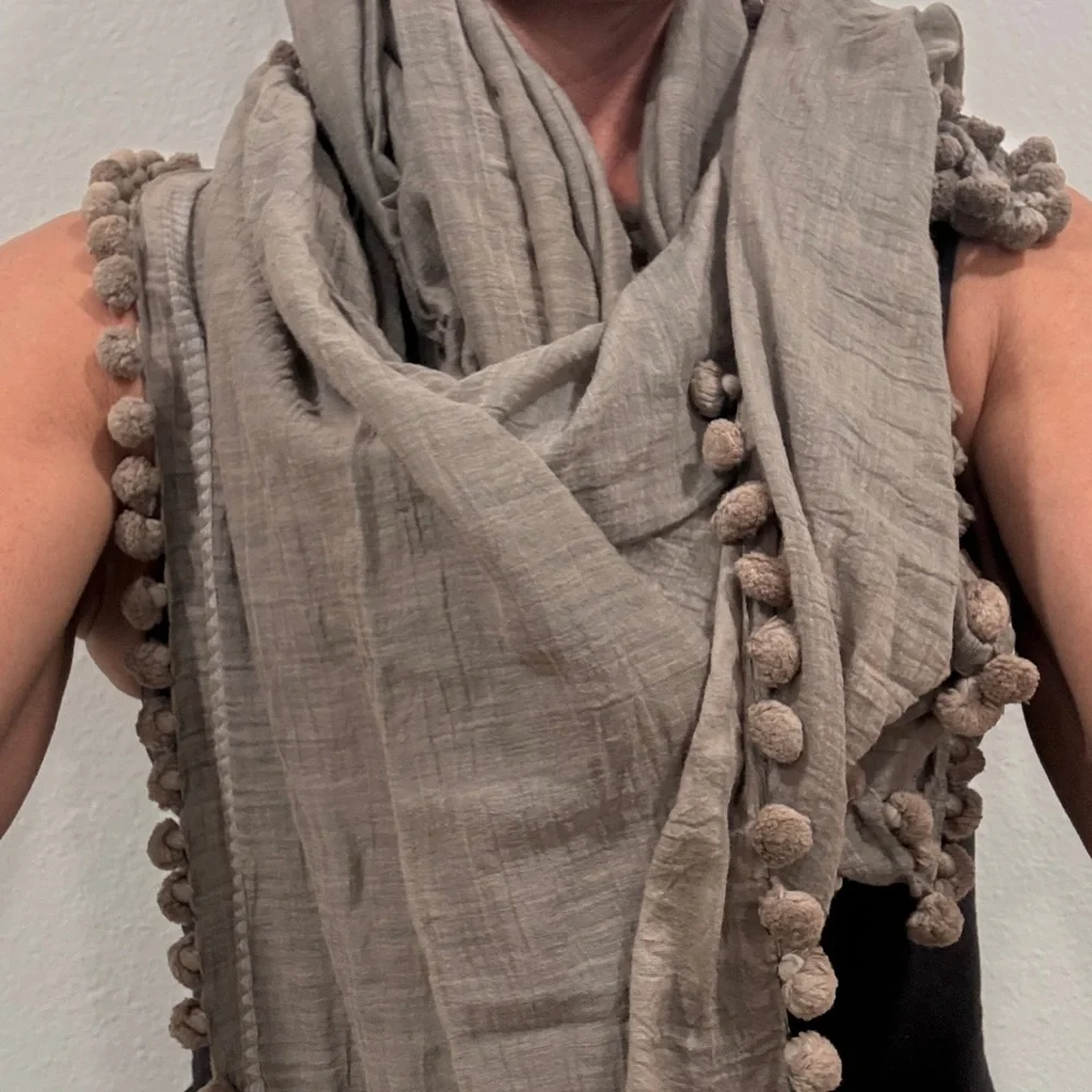 Matta Taupe Scarf with Pom Pom Trim - Picture 9 of 9